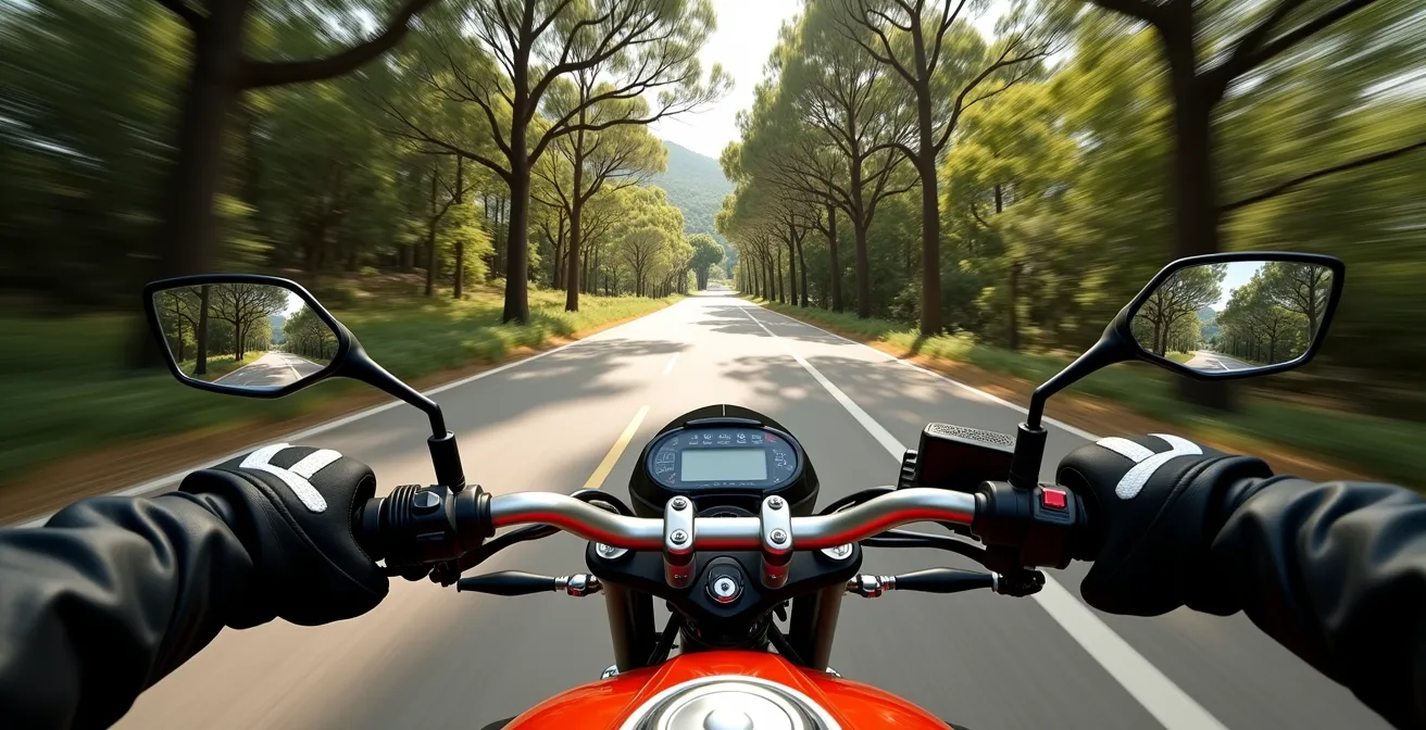 Perspectiva desde el punto de vista del piloto mostrando el punto de fuga en una carretera estrecha del Montseny