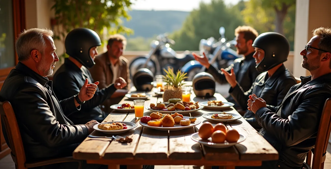 Grupo de motoristas españoles en la terraza de un bar de carretera compartiendo un almuerzo, con las motos aparcadas cerca.