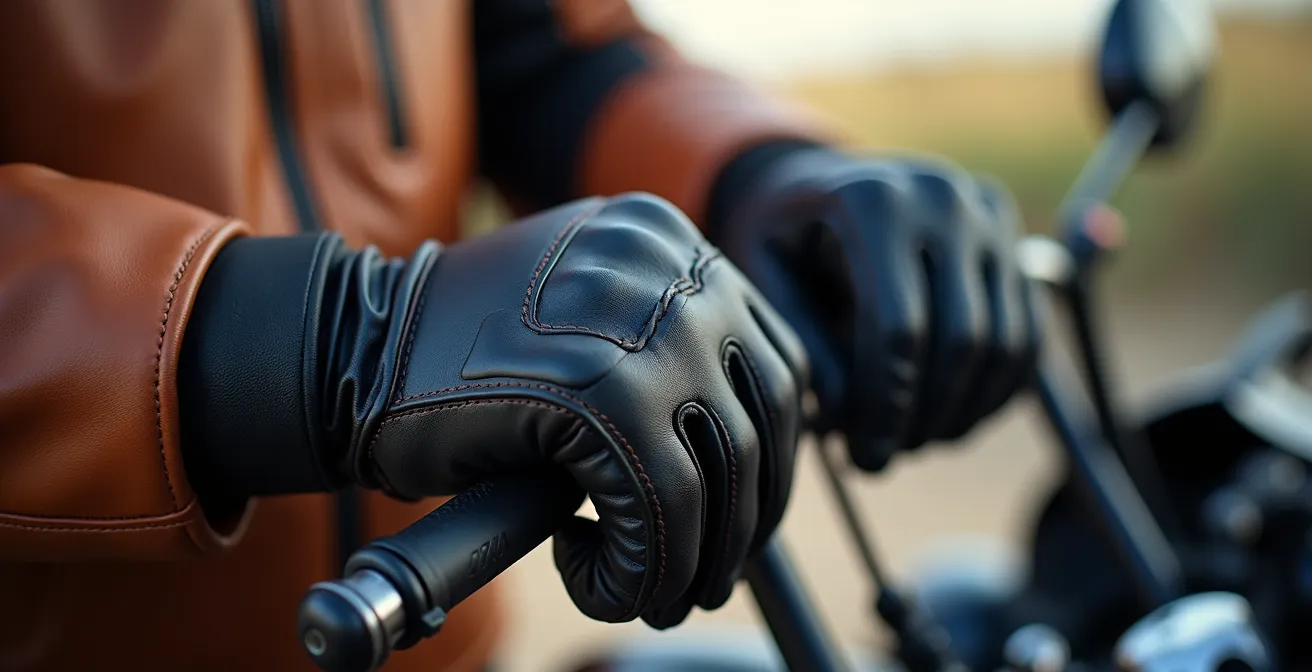 Detalle macro de manos colocándose guantes de moto con texturas visibles