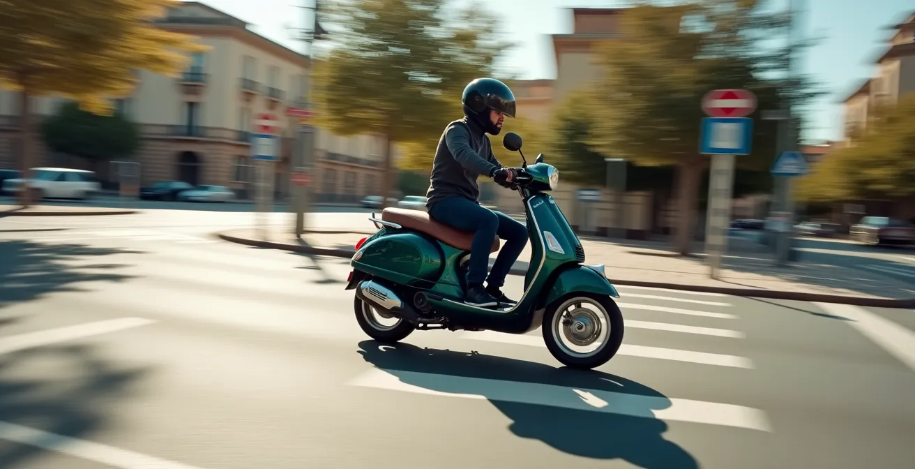 Scooter tomando una rotonda urbana con técnica correcta de inclinación