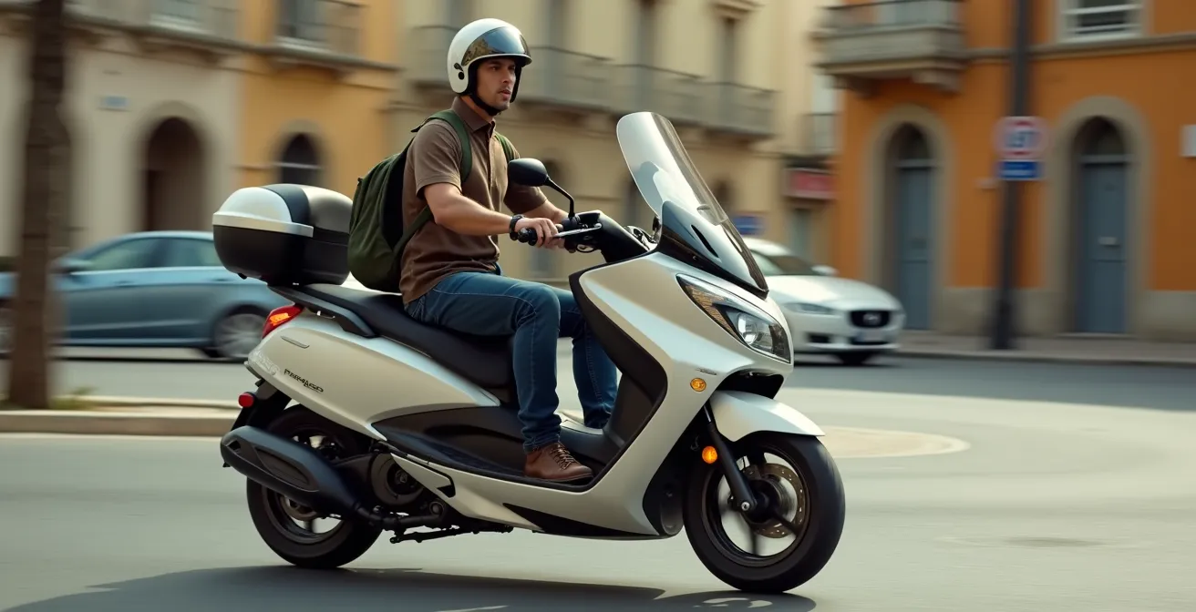 Scooter de tres ruedas circulando con estabilidad en entorno urbano español