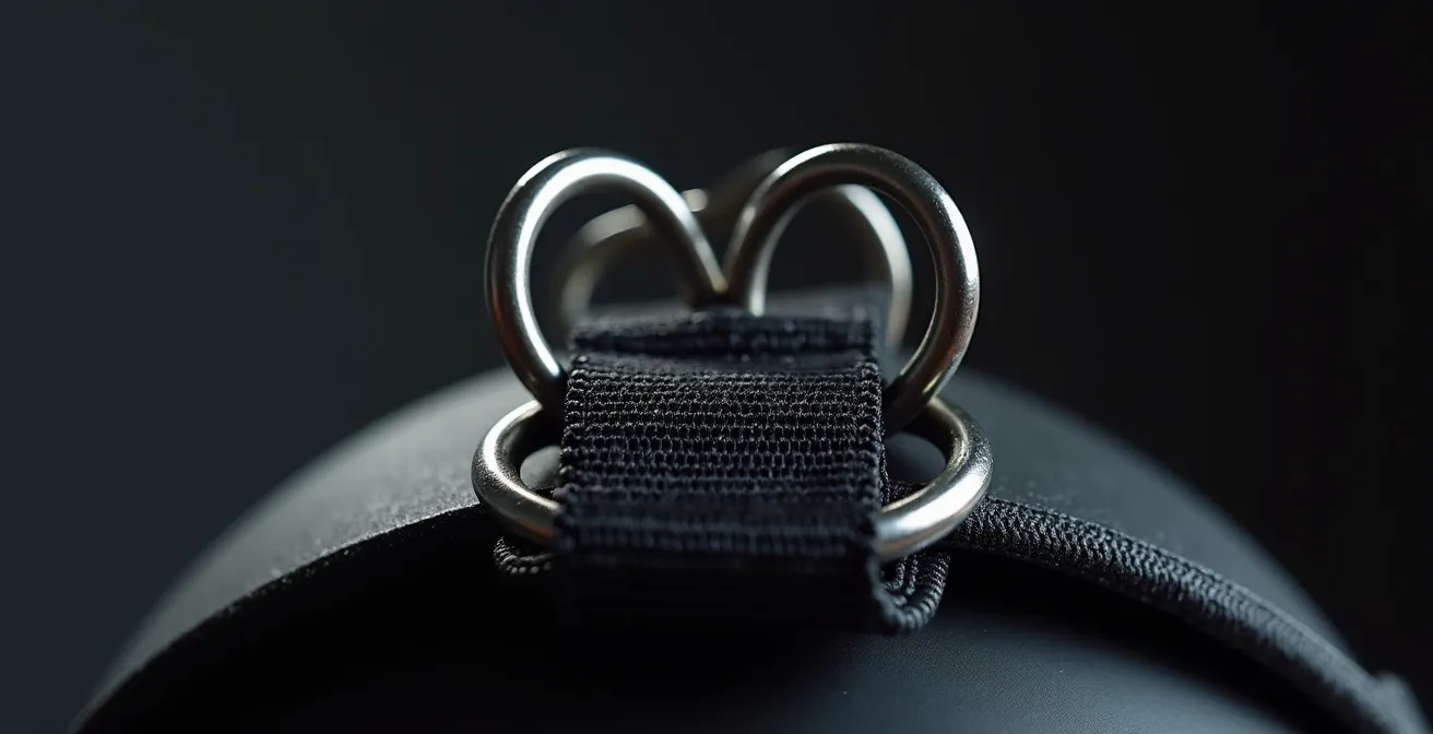 Detalle macro del sistema de cierre de doble anilla en un casco de motocicleta, mostrando su robustez.