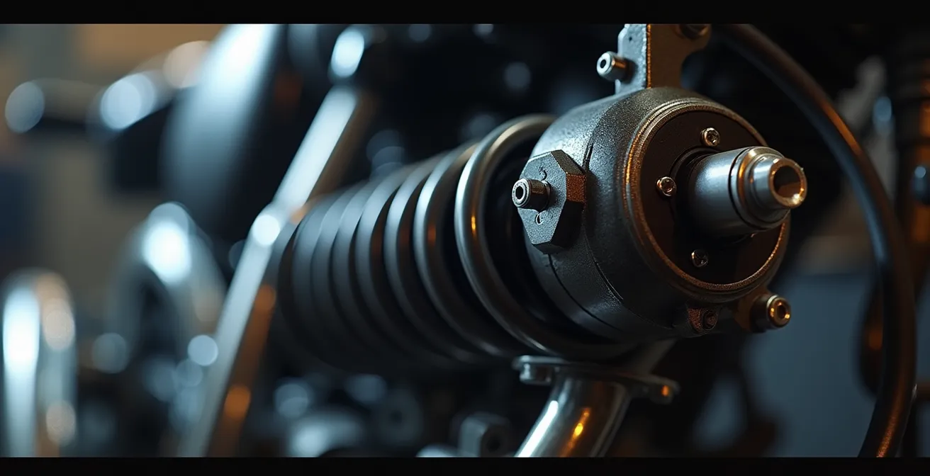 Detalle macro del mecanismo de ajuste de precarga en una suspensión de moto.