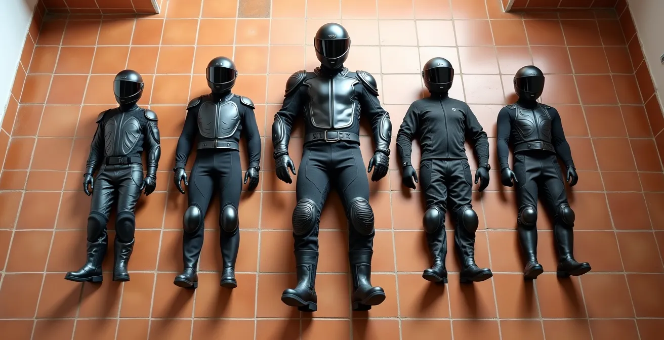 Vista panorámica de equipamiento completo de seguridad para motorista dispuesto como sistema integrado