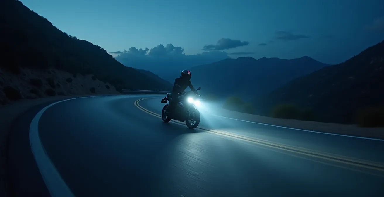 Sistema de iluminación LED adaptativa en moto inclinada en curva nocturna