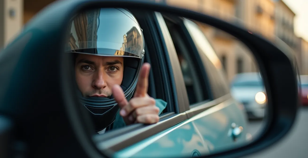 Detalle de motorista estableciendo contacto visual con conductor a través del retrovisor en tráfico urbano