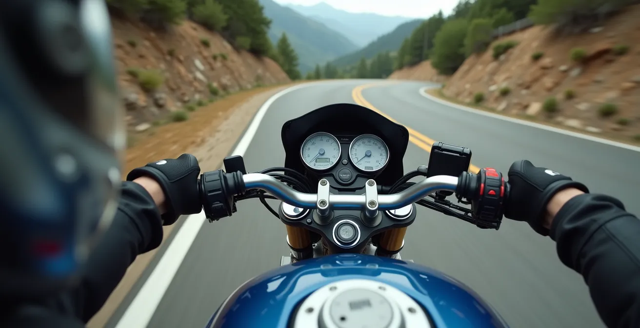 Vista lateral de motorista ejecutando contramanillar en curva cerrada de montaña