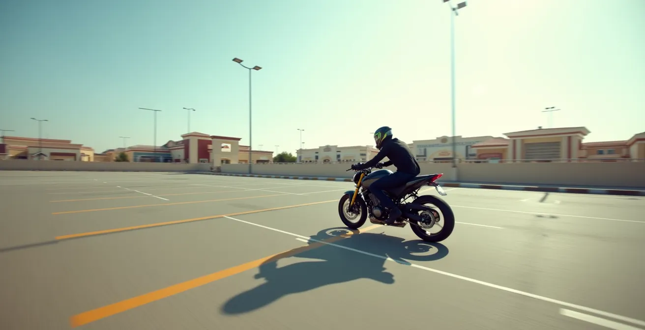 Vista lateral de motociclista ejecutando giro en U con técnica de contrapeso en parking vacío