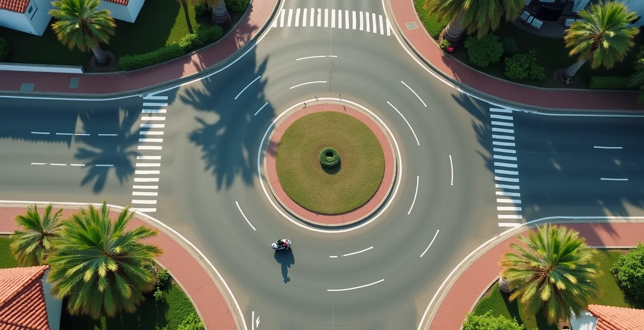 Motorista ejecutando la técnica del giro de cabeza en una rotonda española típica