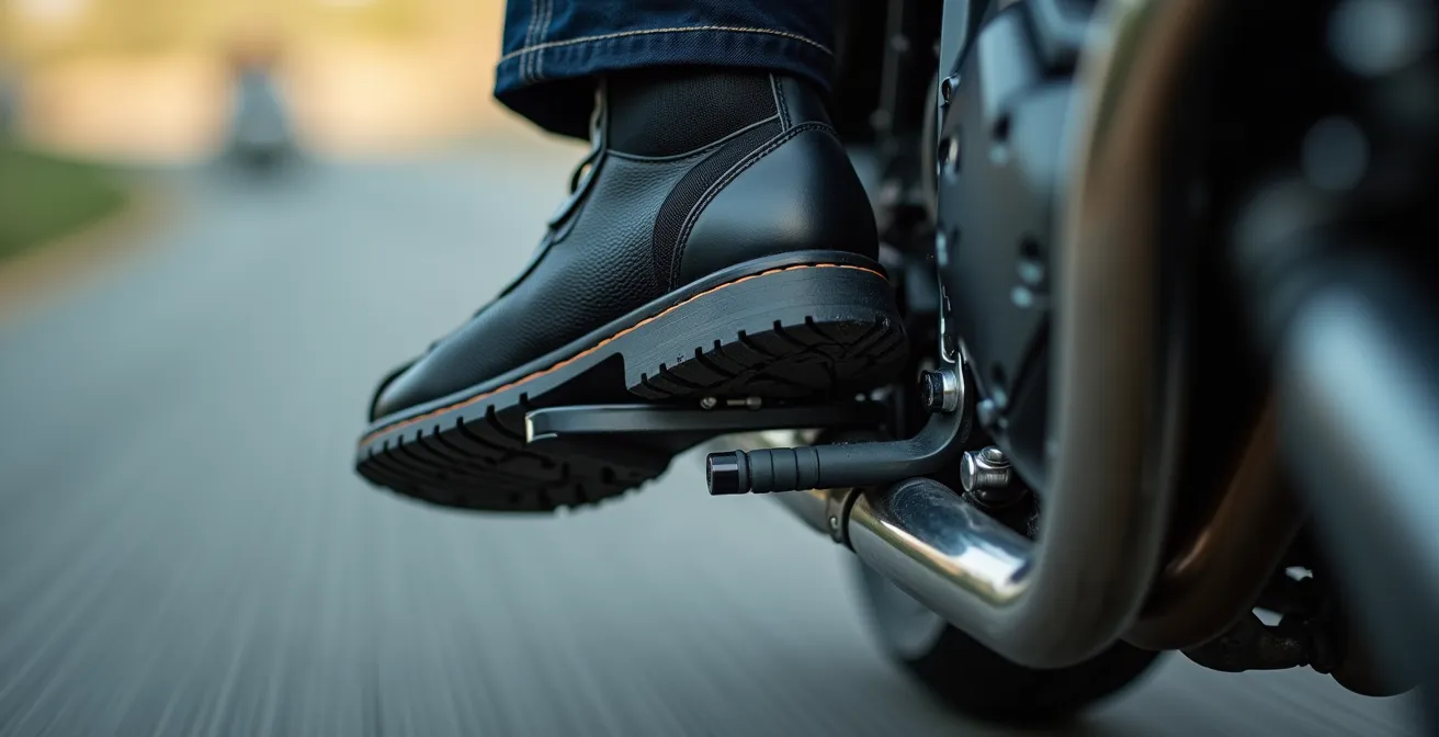 Detalle de pie aplicando presión en estribera durante inclinación