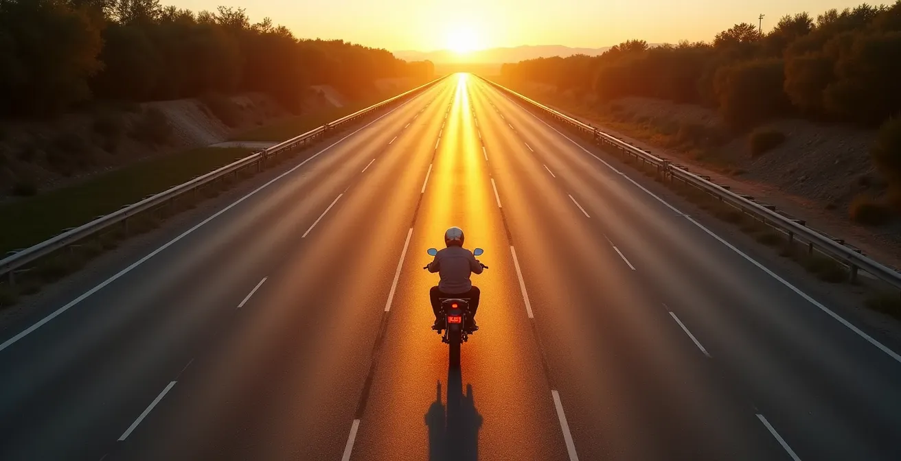 Técnica de posicionamiento estratégico en carril durante amanecer en autovía este-oeste