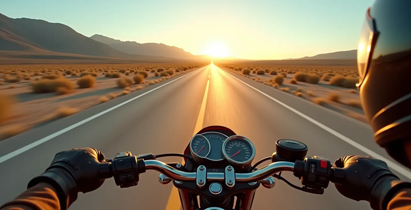 Vista desde el casco de motorista en autopista recta de la meseta española
