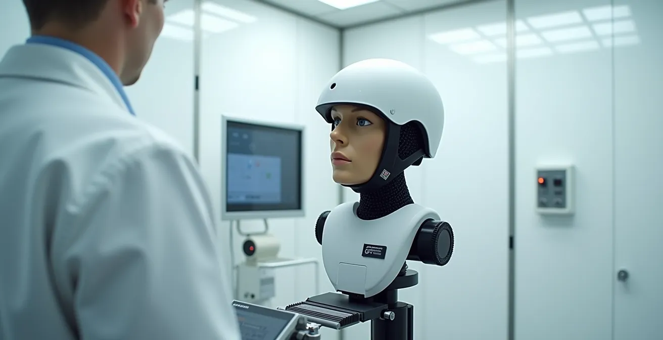 Laboratorio de pruebas con maniquí realizando test de impacto rotacional en casco