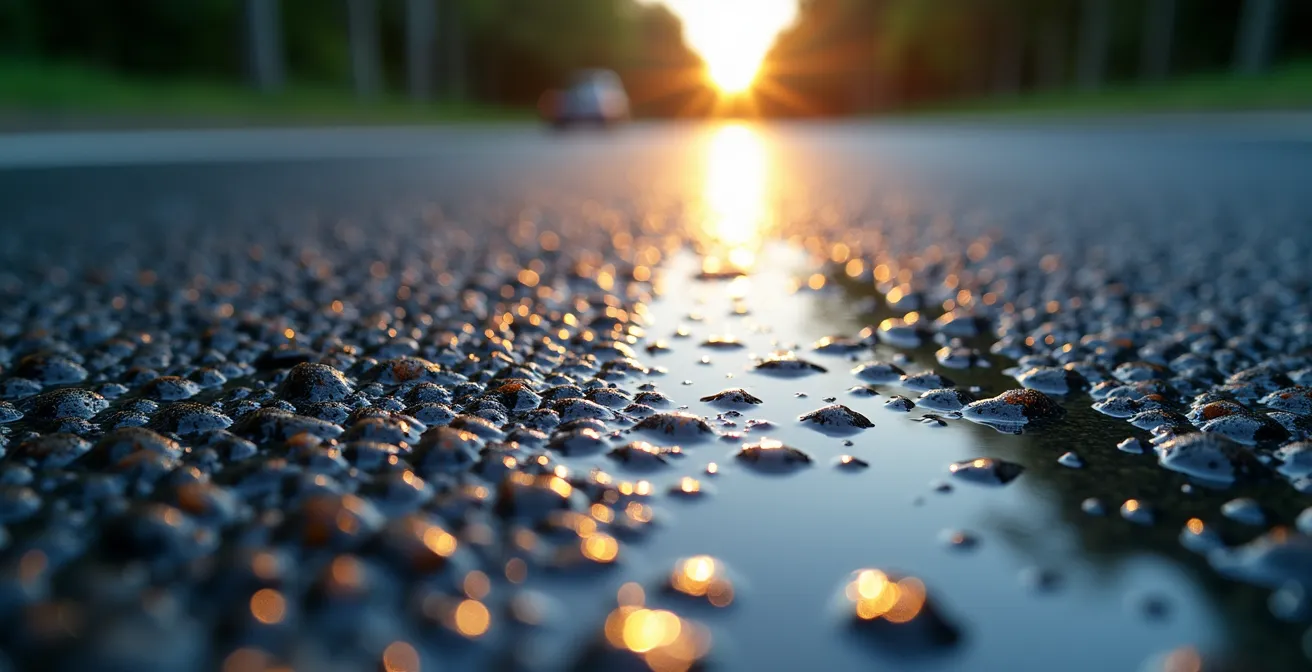 Detalle macro de asfalto húmedo mostrando textura y primeras gotas de lluvia