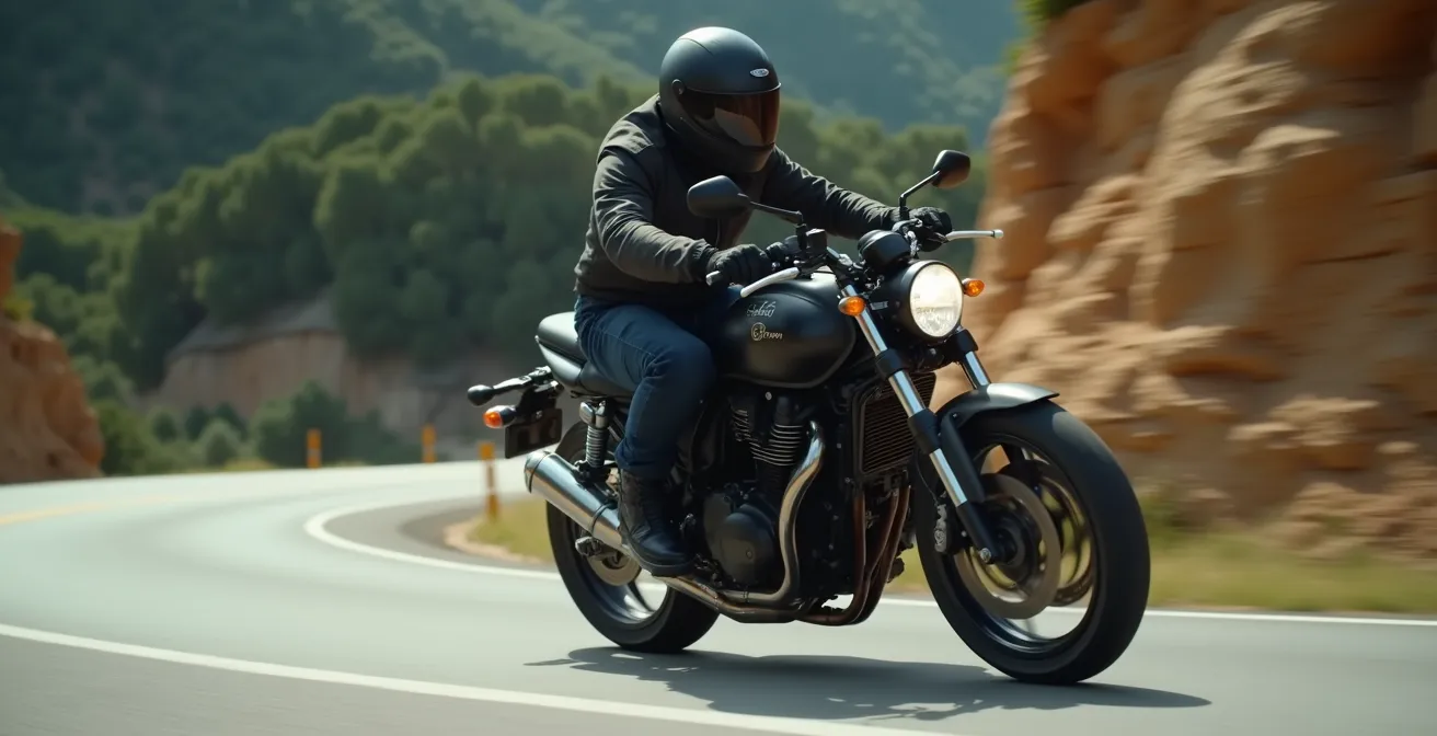 Piloto demostrando la técnica de body steering en una curva cerrada