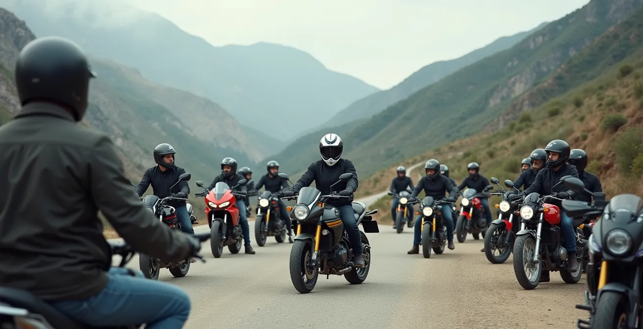 Vista amplia de un grupo de moteros reunidos en un puerto de montaña español