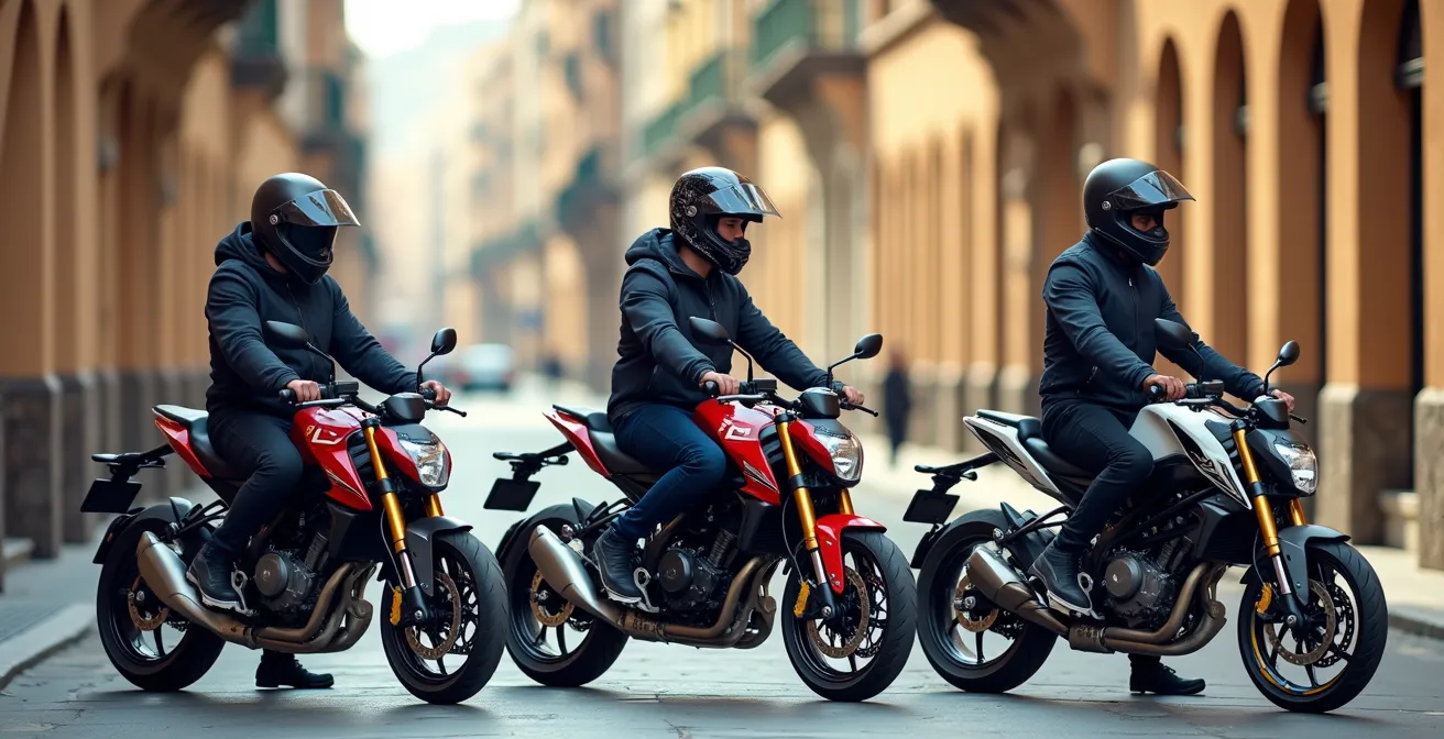 Vista lateral comparativa de tres posturas de conducción en diferentes tipos de motos