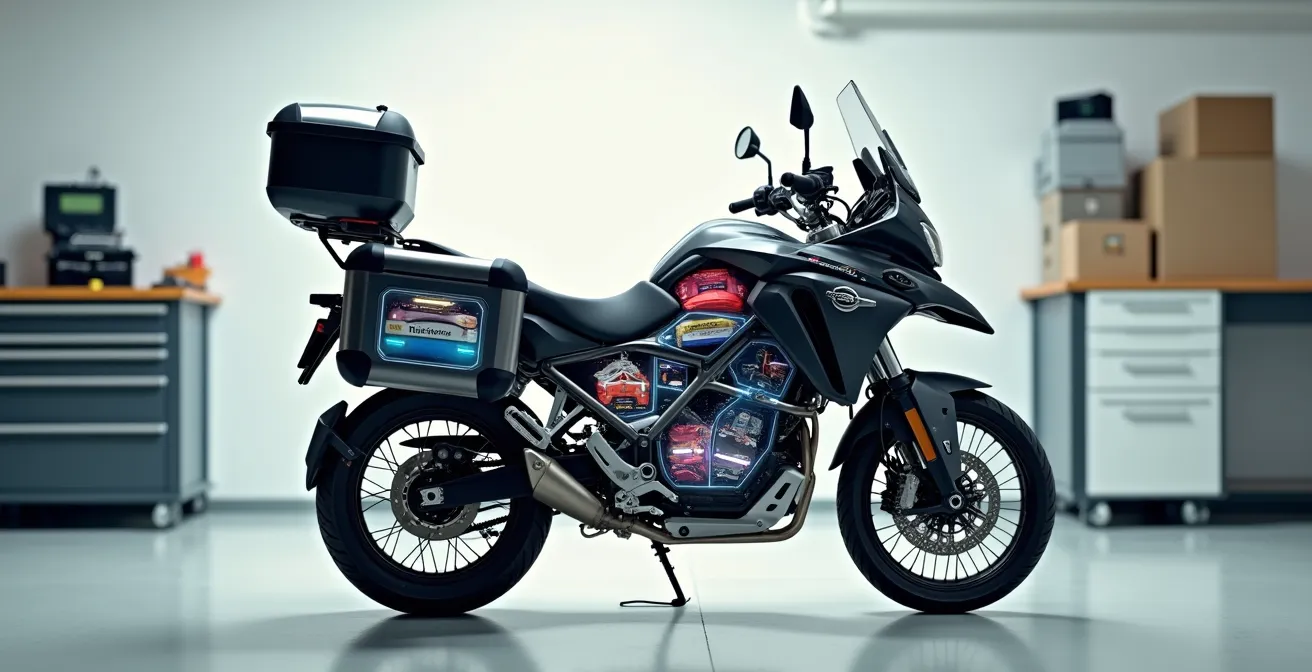 Vista lateral de una moto touring con maletas mostrando el triángulo de estabilidad y la distribución correcta del peso