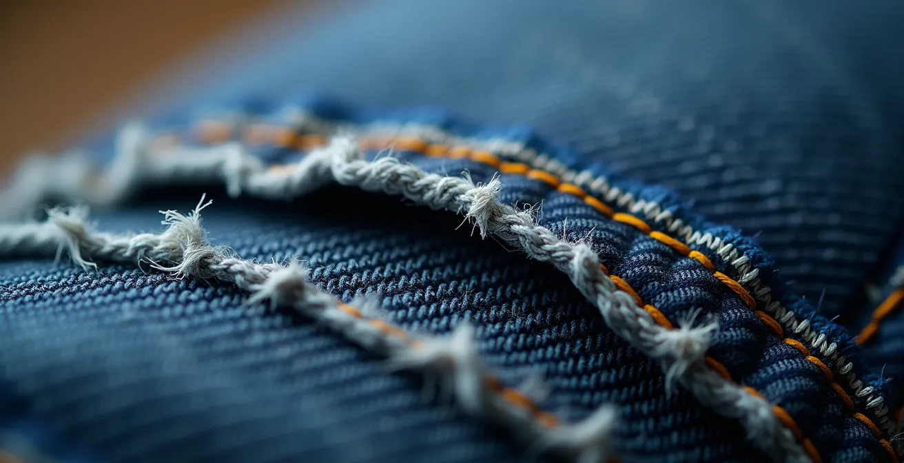 Detalle macro de vaqueros técnicos mostrando fibras de aramida