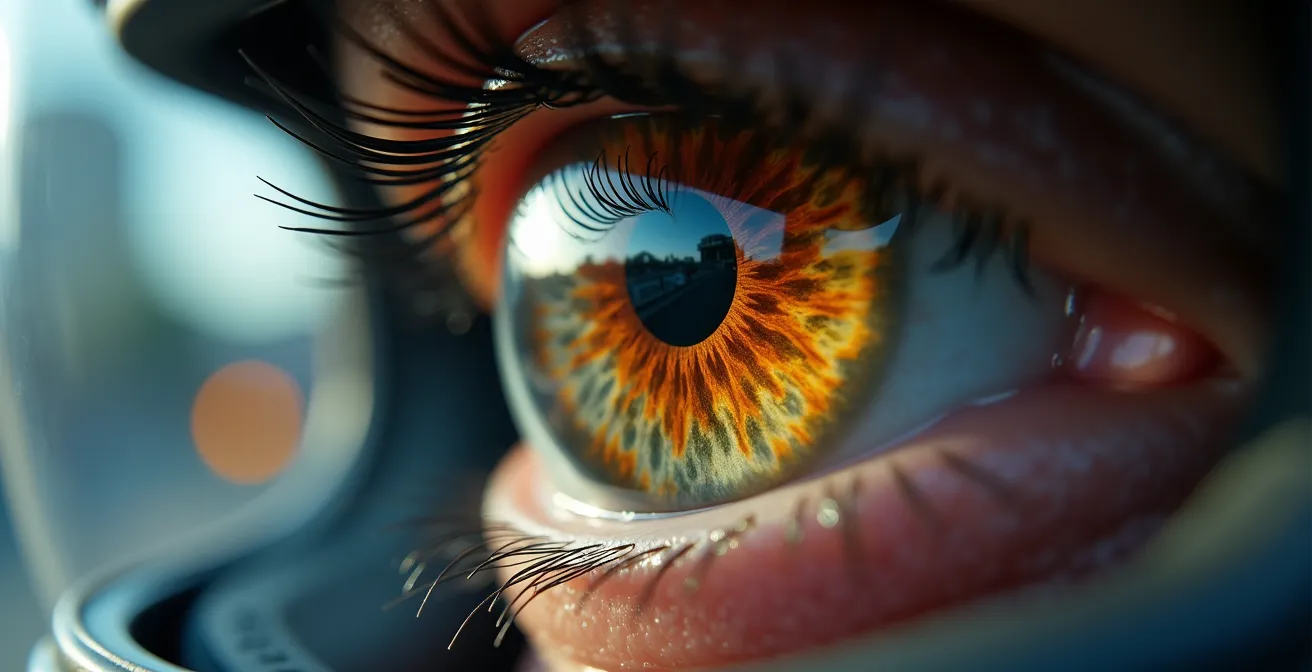 Vista macro del ojo de un motorista reflejando el entorno urbano completo en el iris