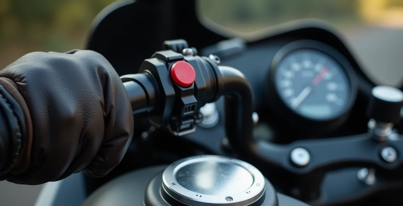 Detalle macro de mano con guante ajustando maneta de freno en motocicleta moderna