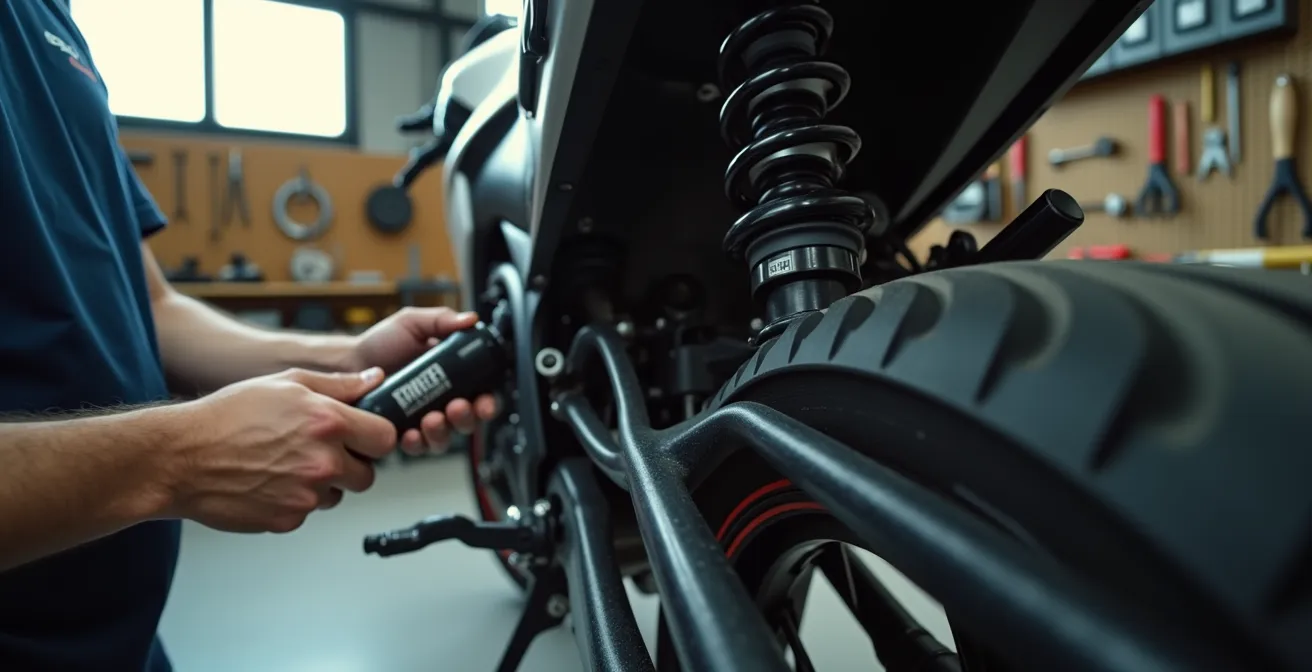 Vista lateral de suspensión trasera con manos ajustando el pomo de precarga