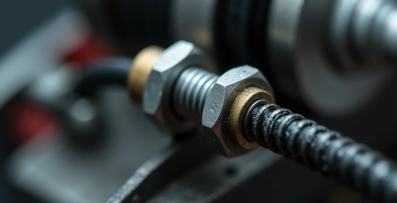 Detalle macro del mecanismo de ajuste del cable de embrague en una motocicleta