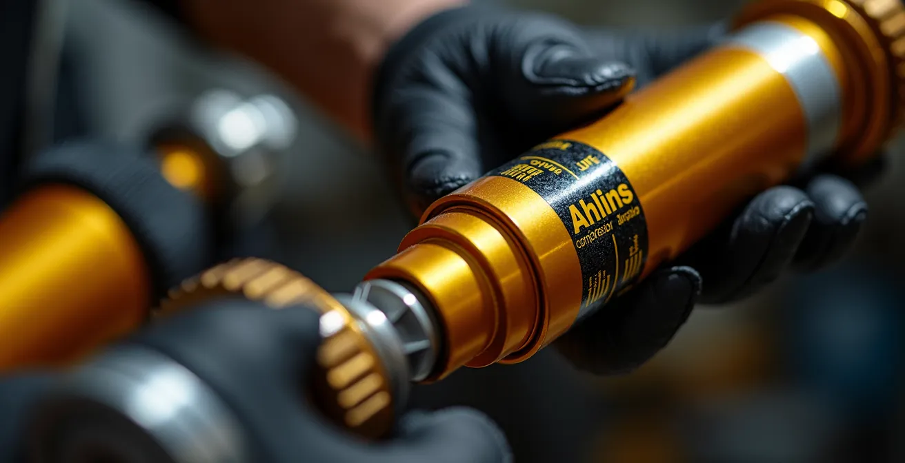 Detalle macro del ajuste de suspensión Öhlins en una superbike