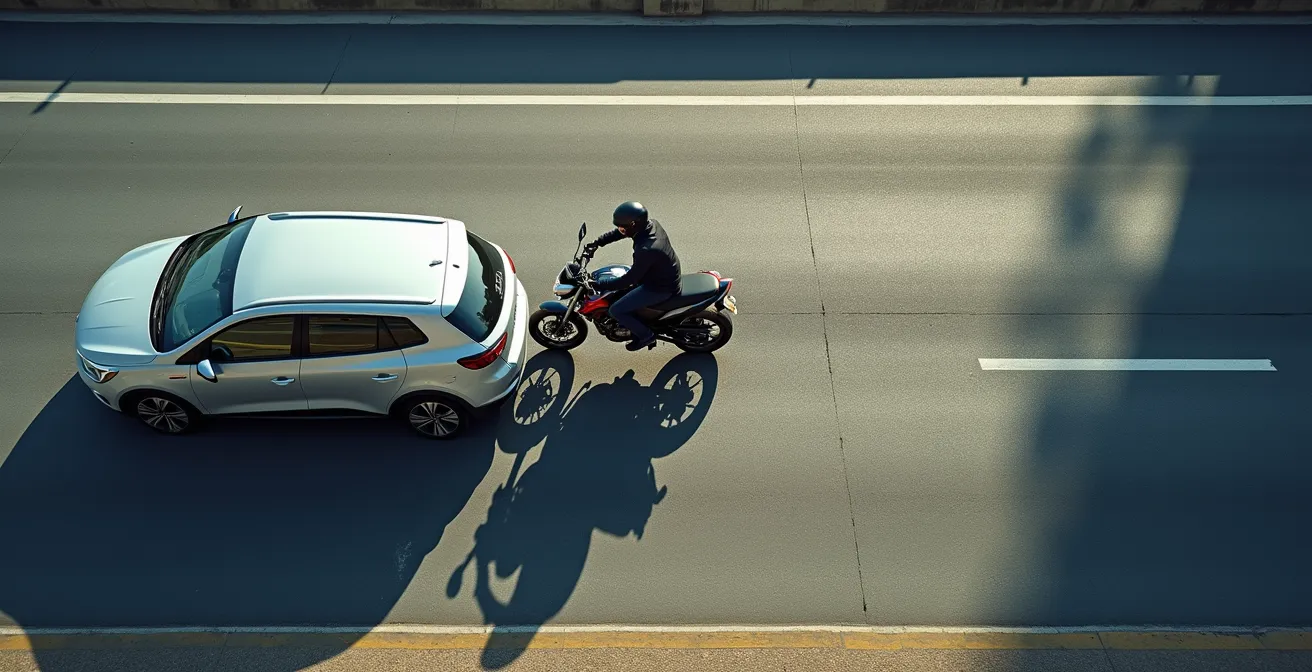 Vista aérea mostrando el ángulo muerto entre un coche y una moto en autopista