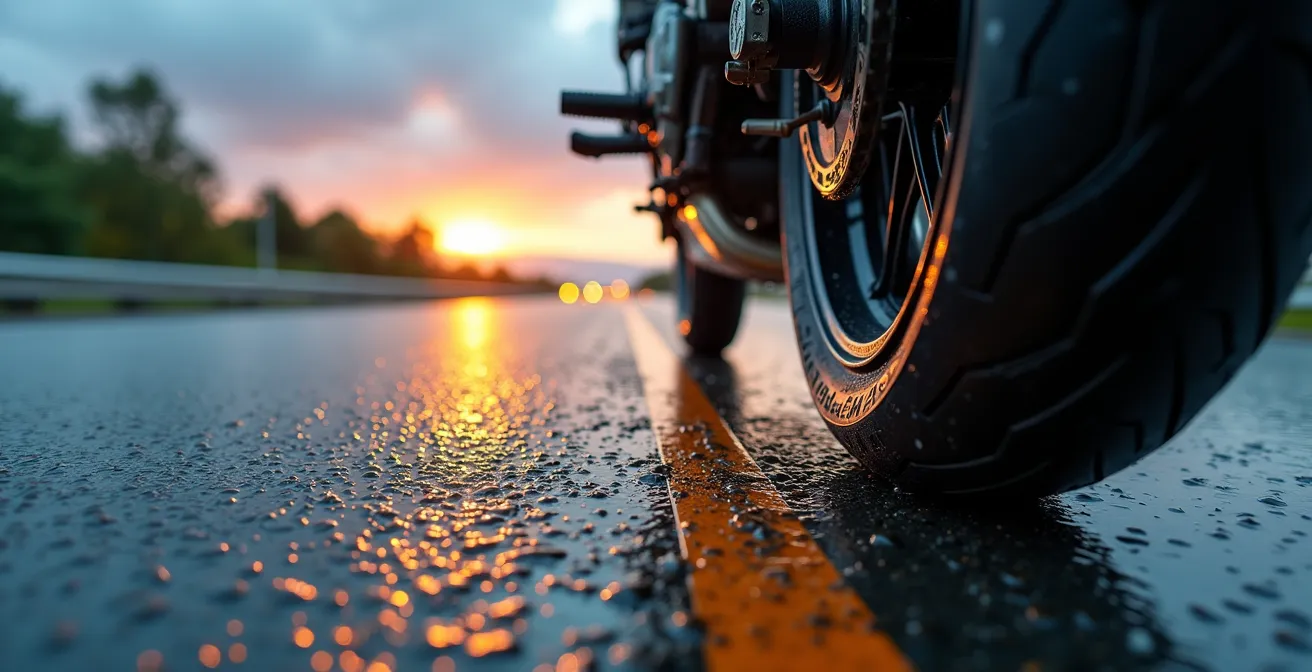 Neumático de moto sobre asfalto mojado mostrando el efecto del agua
