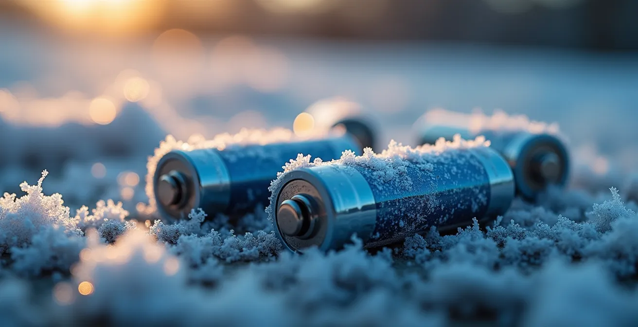 Detalle macro de batería de moto eléctrica con escarcha invernal que ilustra el efecto del frío en la autonomía