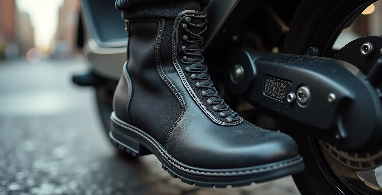 Detalle macro de botas de moto urbanas con protecciones visibles en tobillo