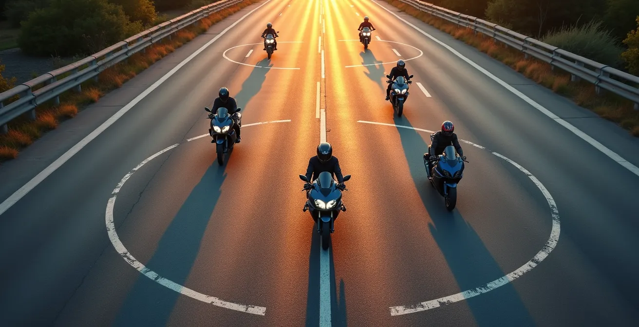 Vista cenital mostrando el cálculo de distancia entre motos en formación zigzag