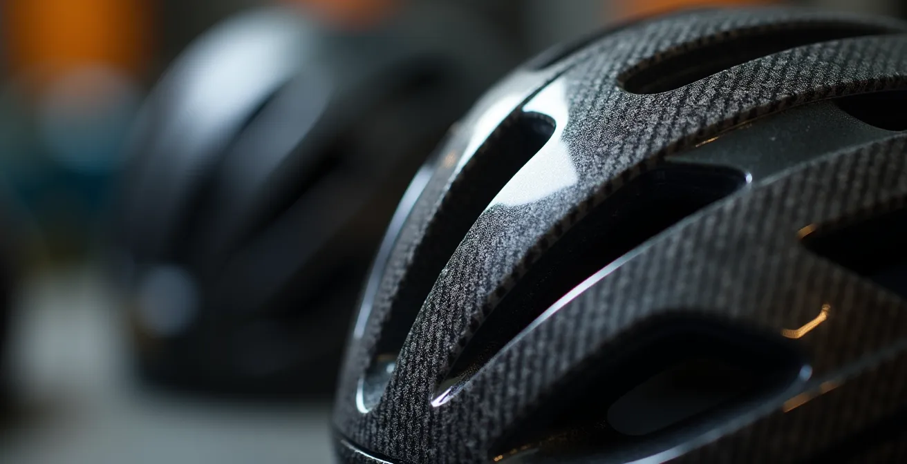 Inspección técnica de un casco de carbono mostrando la integridad estructural tras impacto