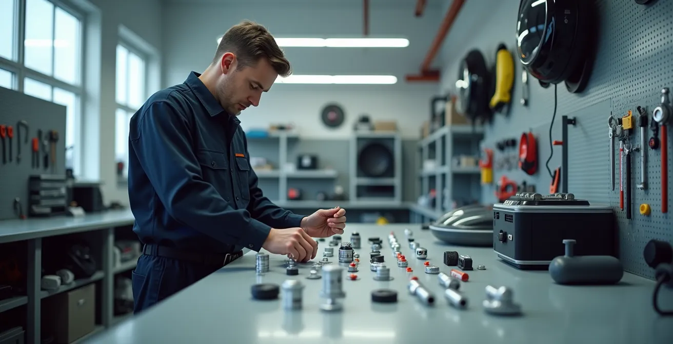 Centro de servicio técnico para airbags de moto con técnico trabajando
