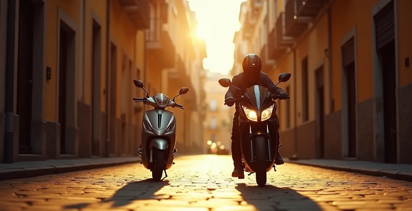 Comparación visual entre una moto 125cc y una moto A2 en un entorno urbano español