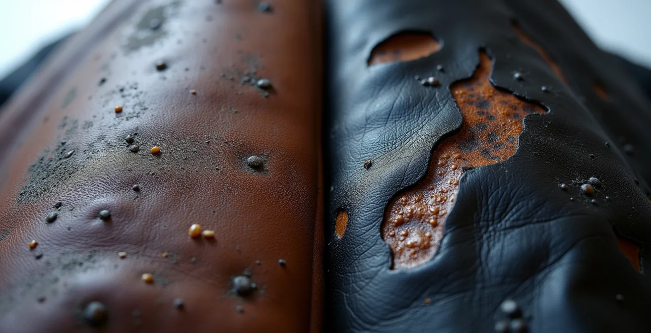 Comparación visual entre cuero bovino y tejidos sintéticos mostrando efectos del calor por fricción