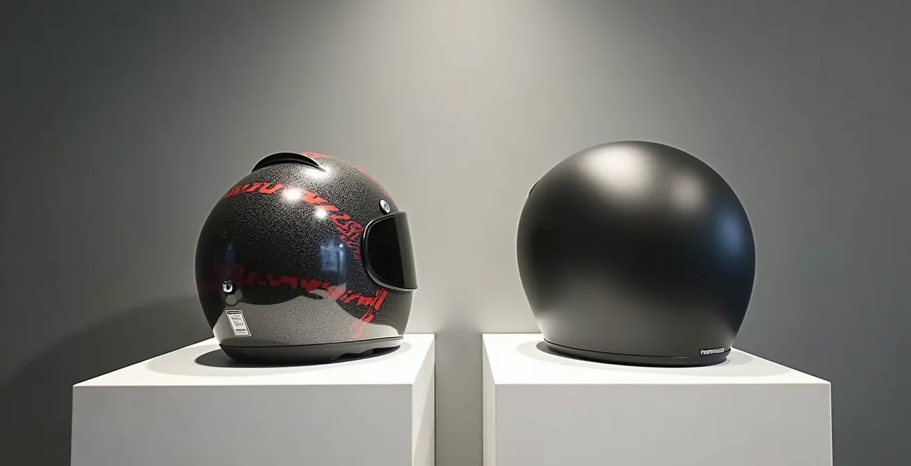 Comparación visual entre cascos de marca con gráficos y cascos técnicos de color liso