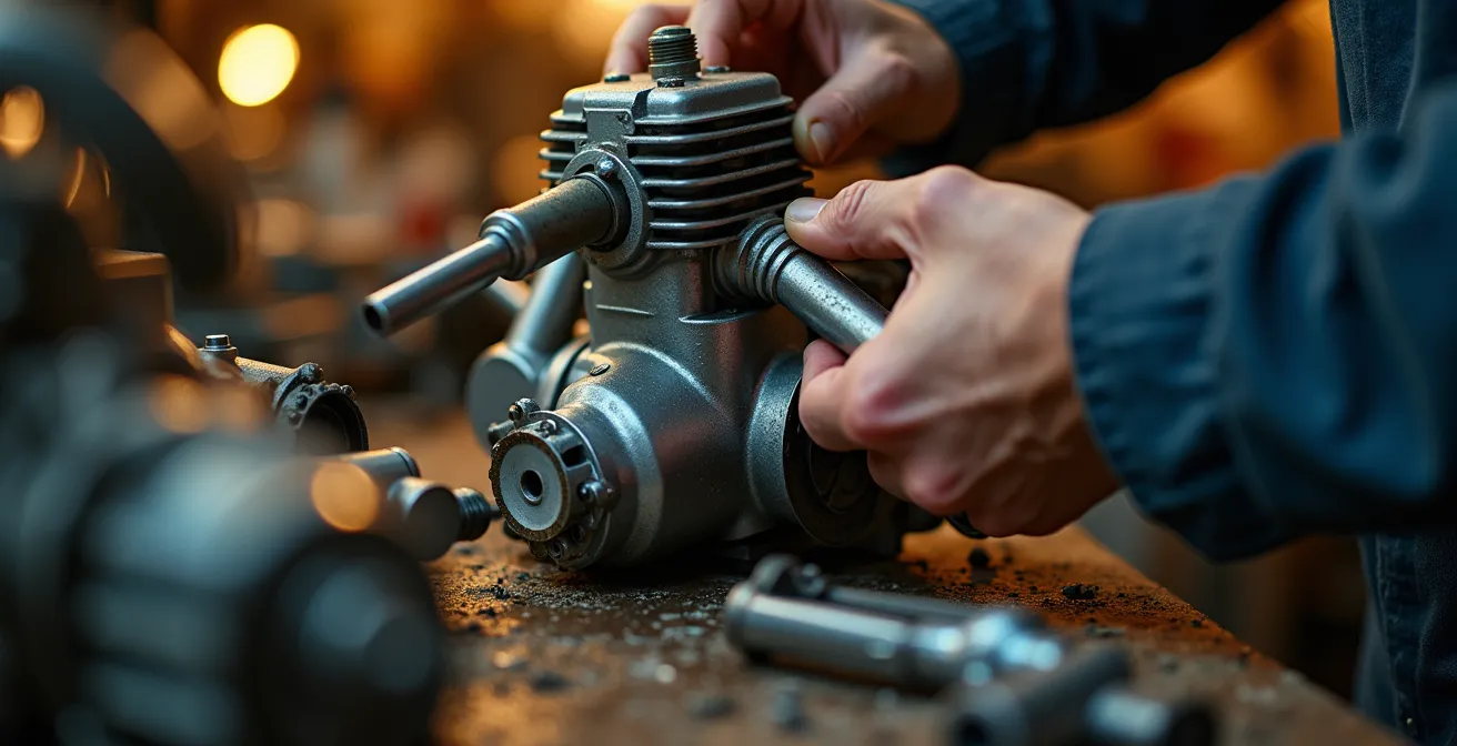 Mecánico revisando motor de scooter en taller español con herramientas y piezas de recambio