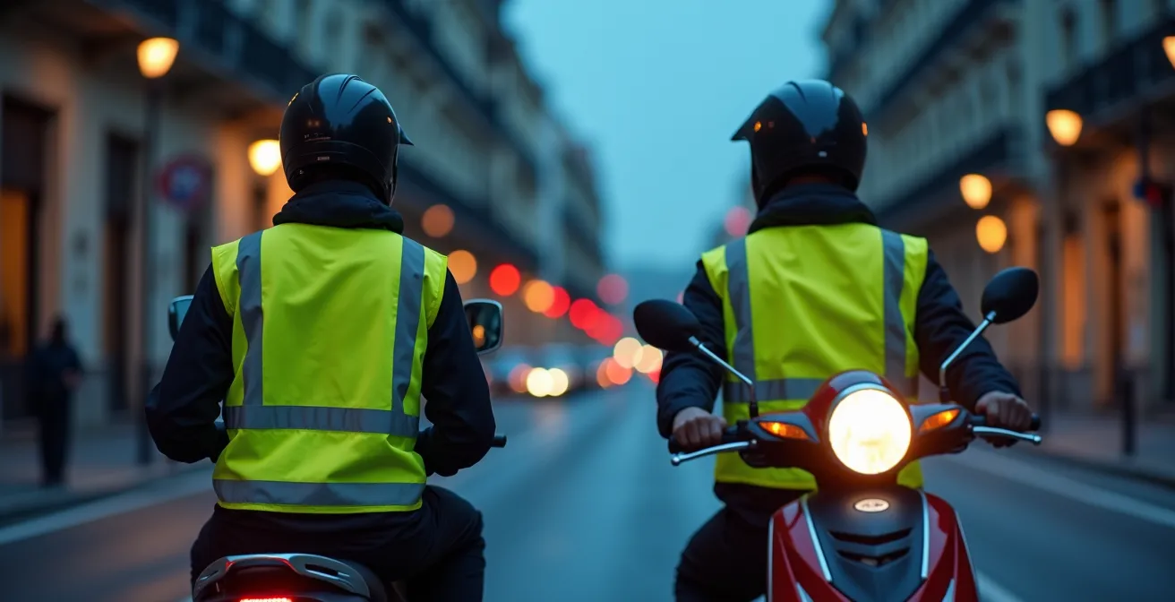 Comparación visual de repartidor con chaleco reflectante versus chaqueta con elementos integrados