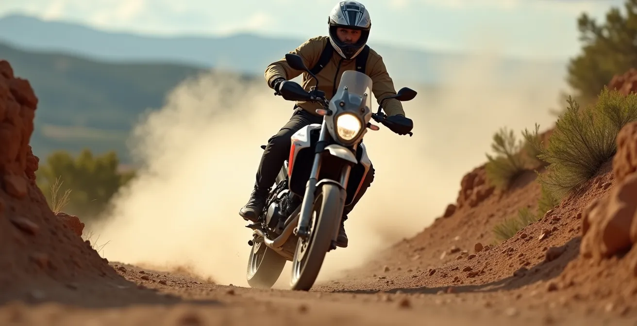 Moto trail subiendo pendiente de tierra con rueda trasera patinando levemente