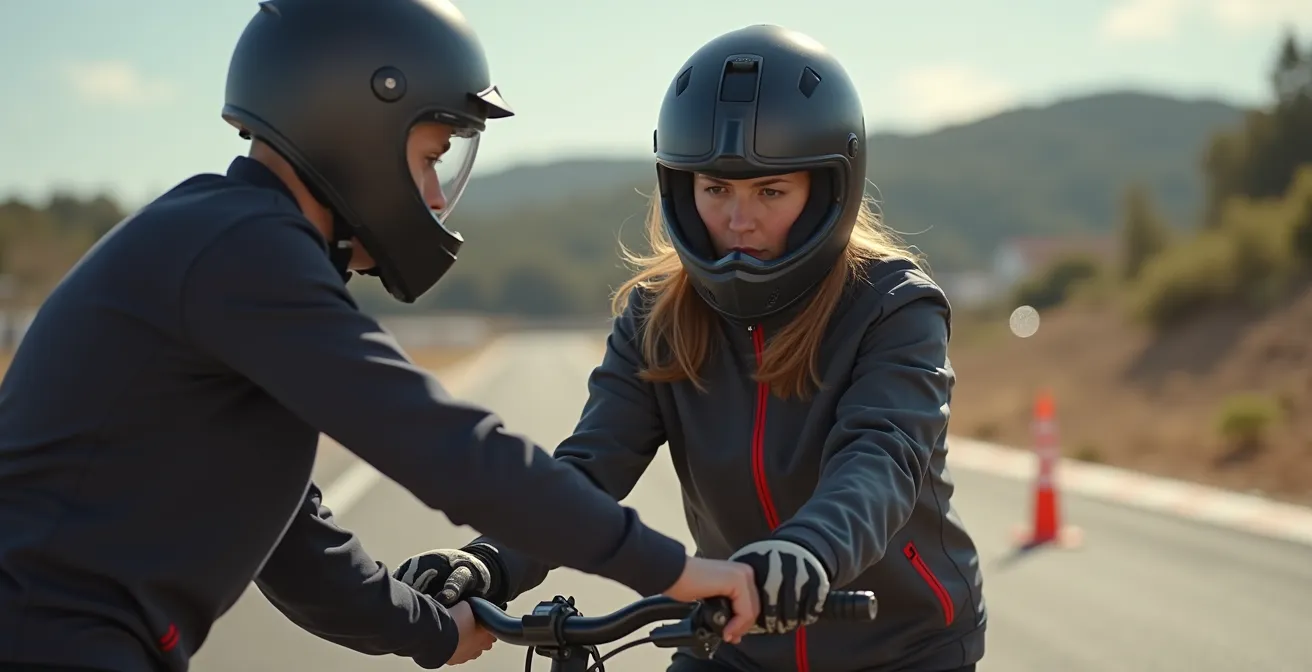 Instructor profesional enseñando técnicas avanzadas de conducción en circuito a un alumno en España