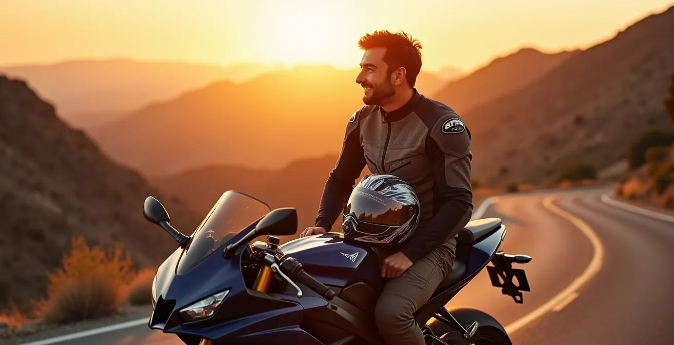 Moto deportiva de cilindrada media en puerto de montaña español al atardecer