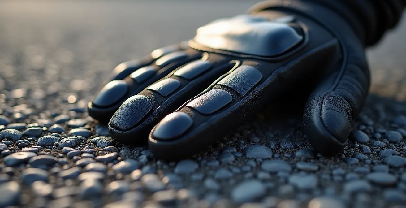 Detalle macro de una deslizadera de palma en un guante de moto mostrando su función protectora