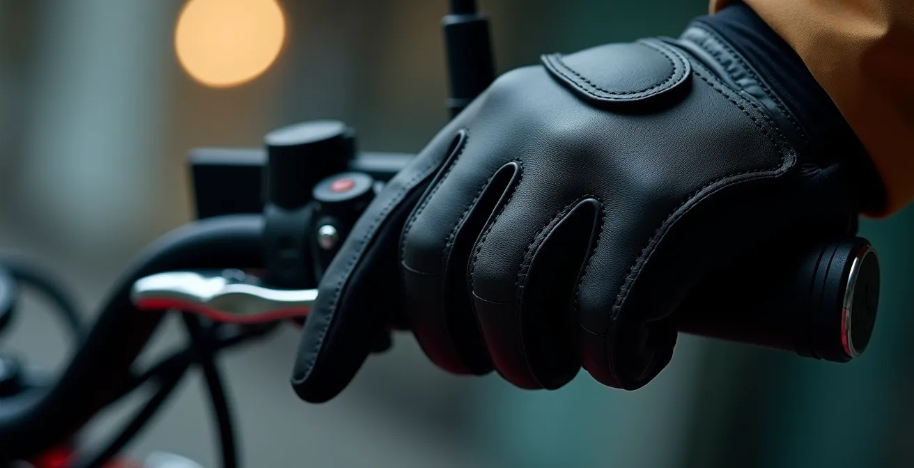 Detalle macro de mano ejerciendo presión sutil sobre el manillar de moto