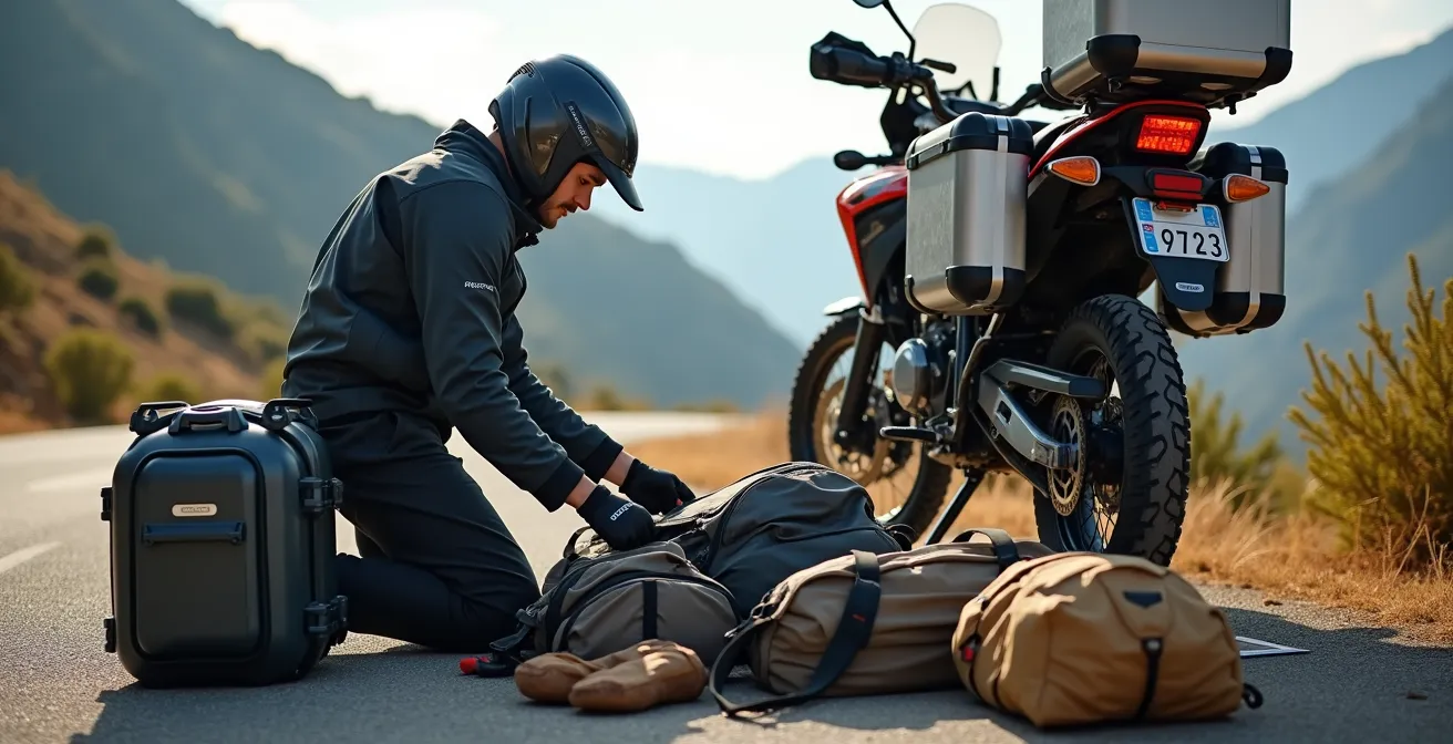 Vista aérea de distribución óptima del equipaje en moto para ruta Transpirenaica