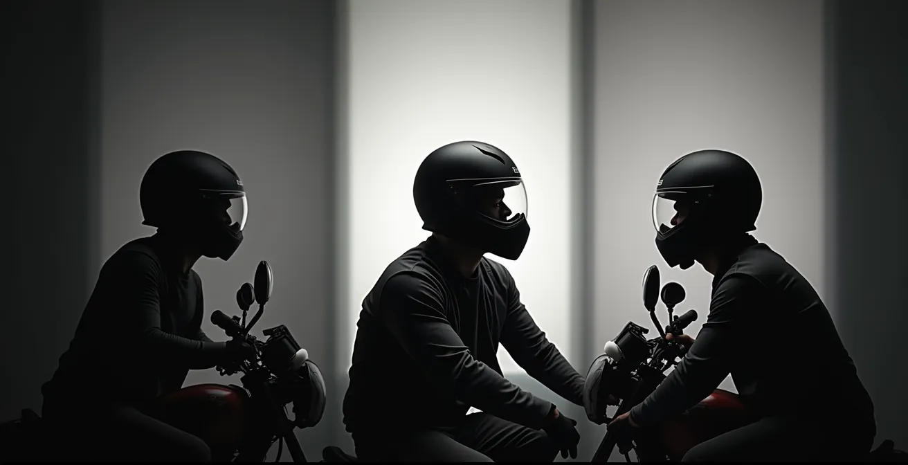 Diagrama visual mostrando la secuencia de reprogramación mental de emergencia en tres fases para motoristas