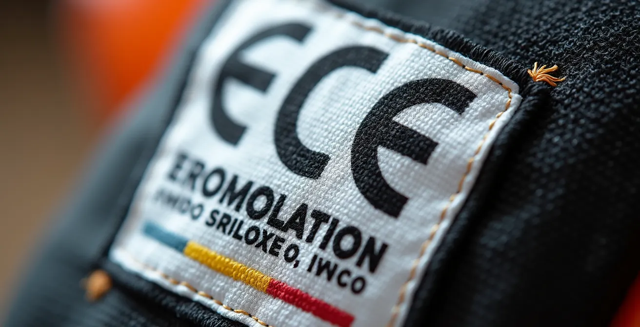Detalle macro de etiqueta de homologación ECE en casco mostrando códigos y certificaciones