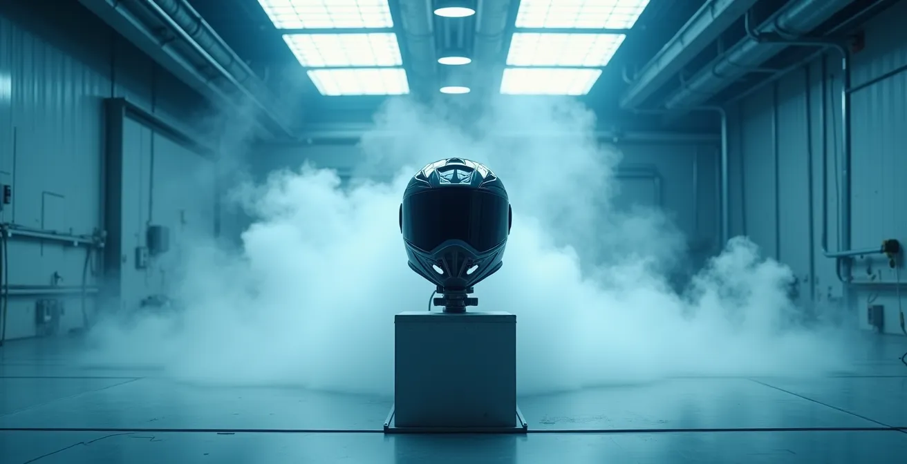 Túnel de viento mostrando flujo aerodinámico sobre casco de moto moderno