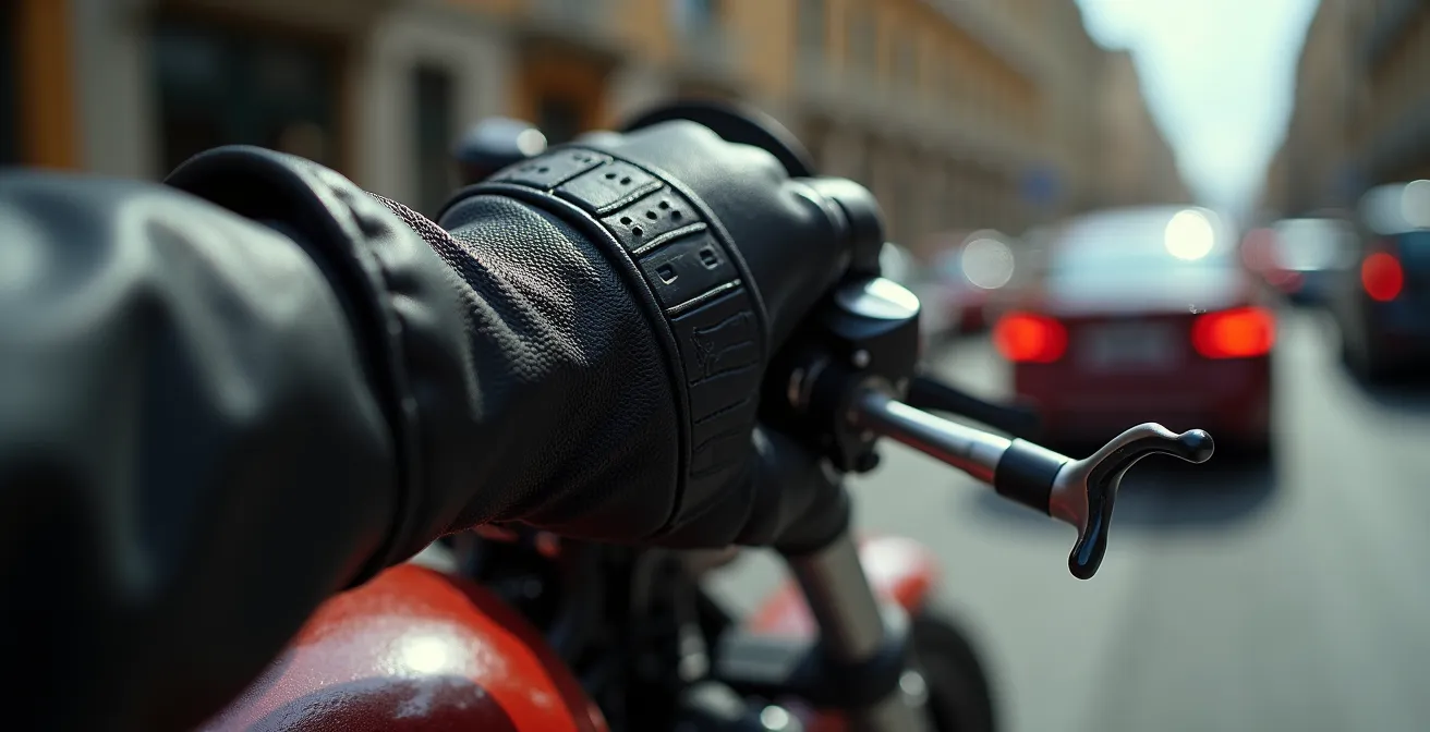 Motorista filtrando entre coches en atasco urbano manteniendo equilibrio